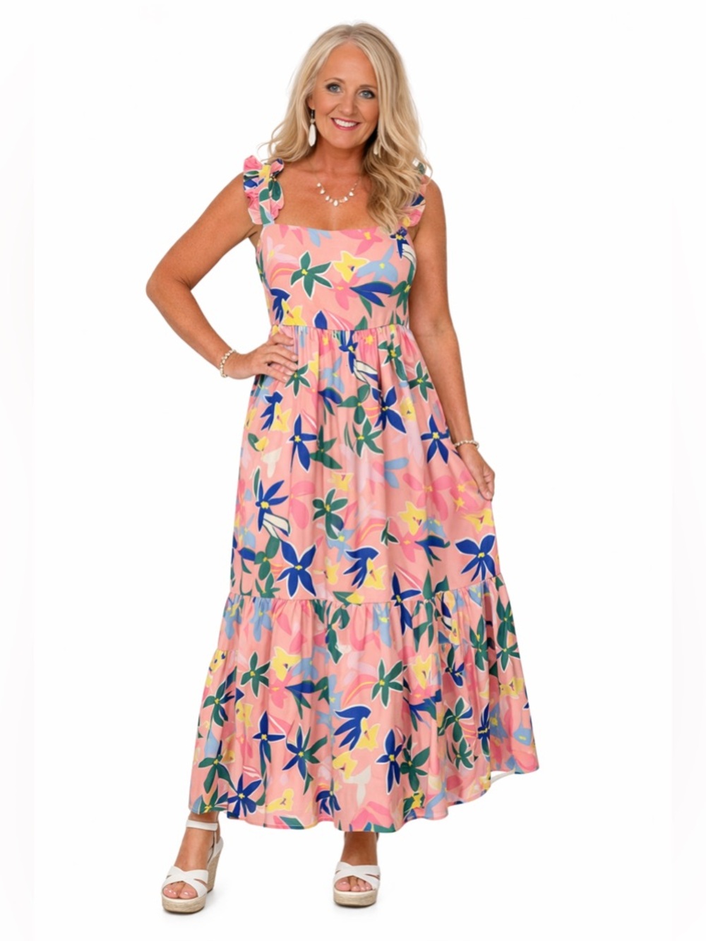 First Love Pink Floral Ruffled-Strap Maxi Dress Size Large